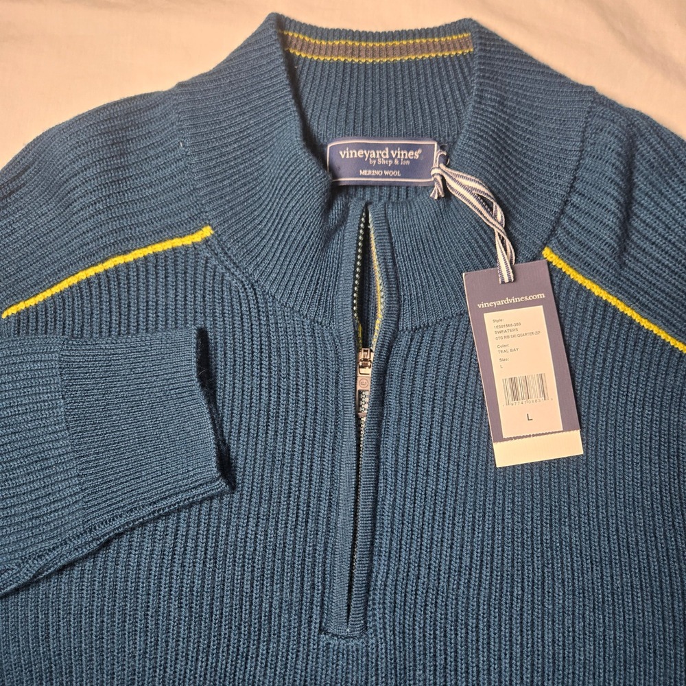 Vineyard Vines Sweater OTG Rib Ski Quarter-Zip Merino Wool Teal Bay Large NEW